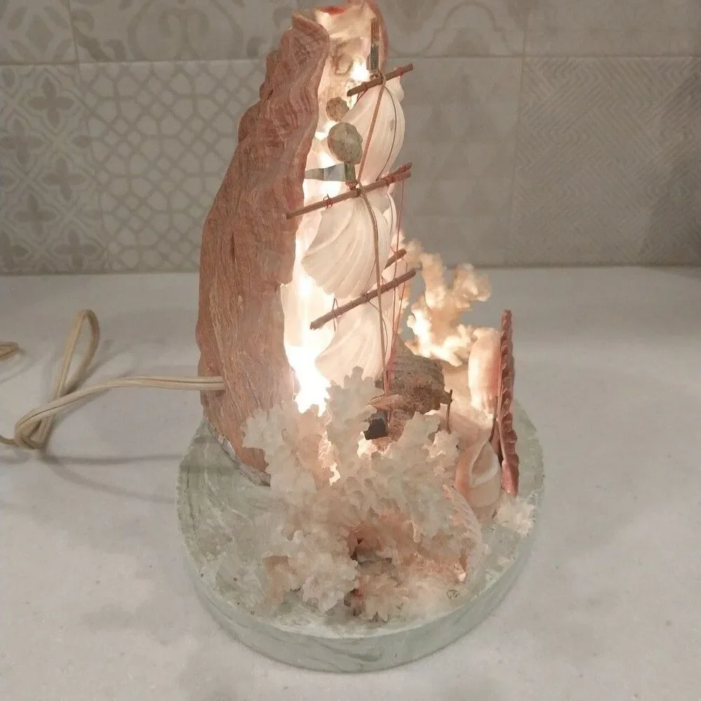 Vintage Abalone Shell Sailboat Lamp Handmade Nautical Coastal Coral Light Decor